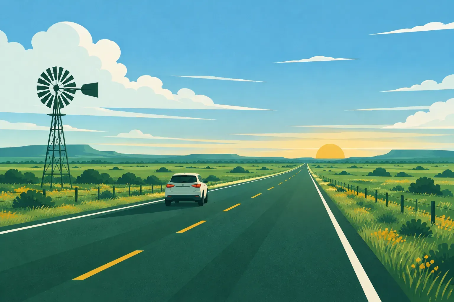 A long highway across wide plains with a windmill, a typical landscape of Texas