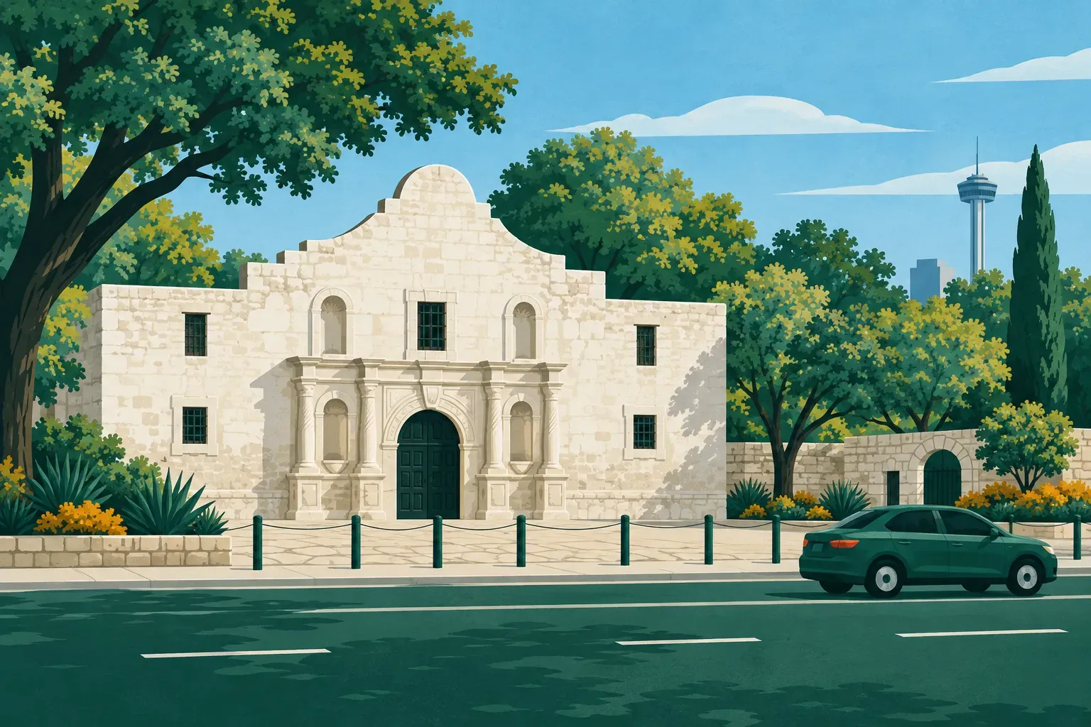 The historic Alamo mission facade with a plaza and trees, in Texas